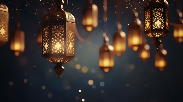 Hanging golden lanterns for Ramadan Kareem. 3D rendering