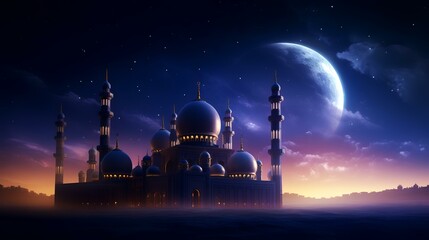 Ramadan Kareem's background with mosque and full moon. Vector illustration - obrazy, fototapety, plakaty
