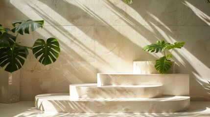 Sunlit interior featuring elegant marble stairs as a display for exotic plants, with sunbeams creating a dynamic pattern of light and shadow.