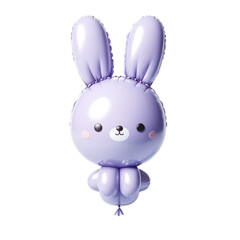 A purple rabbit balloon with a smile on its face. The balloon is floating in the air and he is happy