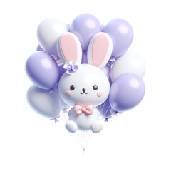 Naklejka premium A cute rabbit is floating in the air with a bunch of balloons. The scene is whimsical and playful, with the rabbit being the main focus of the image. The balloons add a sense of lightness