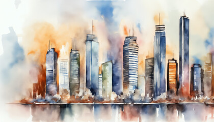 Abstract Watercolor Skyline Reflection