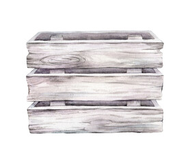 Cute illustration box made of white gray , wooden boards with a wood texture. Hand drawn watercolor happy easter illustration, isolated object on white background. For design and decoration.