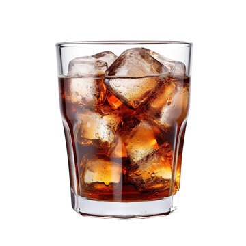 Glass of cola with ice cubes on white or transparent background