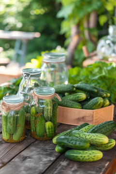 canning cucumbers on a wooden table in nature