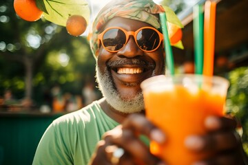 A man savors cool green and orange smoothies outdoors during the summer. Concept Summer Refreshments, Outdoor Dining, Smoothie Lover, Green and Orange Smoothies, Enjoying the Outdoors