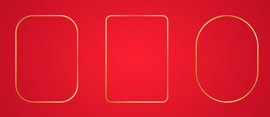 Thin gold frame of different shapes. Rectangular linear border for photo or postcard.