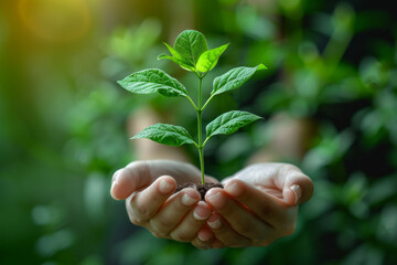Woman's hand holding a plant sapling.