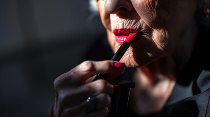 close up of a senior woman applying lipstick. elderly lady using red lip makeup