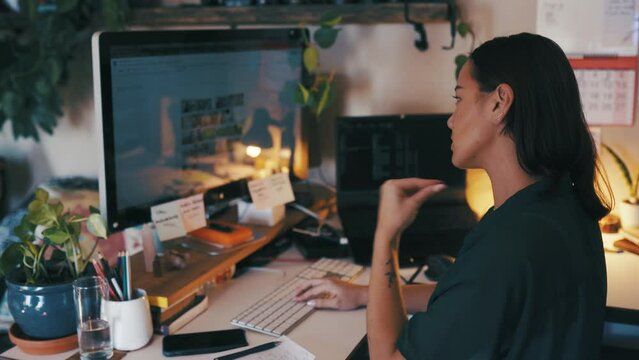 Business woman, neck pain and computer screen for social media planning, project stress and online mistake. Young, tired and overworked person in public relations with career burnout or deadline