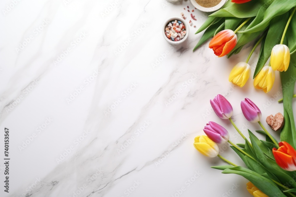 Poster Vibrant tulips arranged on a table, suitable for various occasions