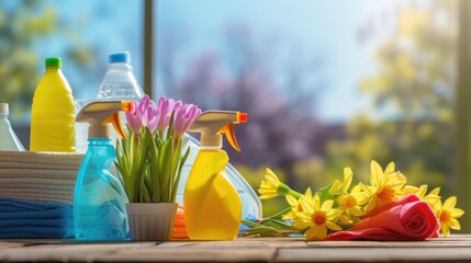 Assorted cleaning products on a table, ideal for household and cleaning service concepts - obrazy, fototapety, plakaty