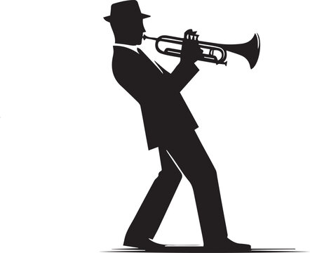 recommend clip art: silhouette of trumpet musical instrument, vector of musical instrument with man , Black and White Illustration