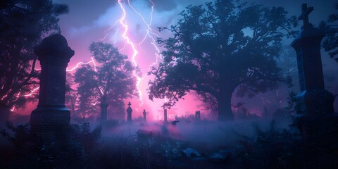 Nighttime in the cemetery: Lightning reveals distant trees shrouded in fog. Concept Spooky Atmosphere, Eerie Lighting, Foggy Landscape, Nighttime Photography - obrazy, fototapety, plakaty
