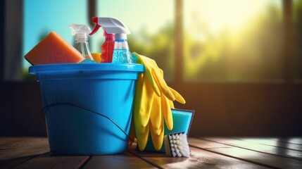 Bucket of cleaning supplies on a wooden table. Perfect for household cleaning product advertisements - obrazy, fototapety, plakaty