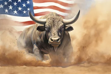 Fotobehang A large bull against the background of the American flag as a symbol of the state of Texas. Revolution or bullfight concept © Sunny