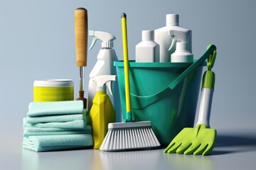 Household cleaning supplies in green bucket with broom. Perfect for cleaning service advertisement - obrazy, fototapety, plakaty