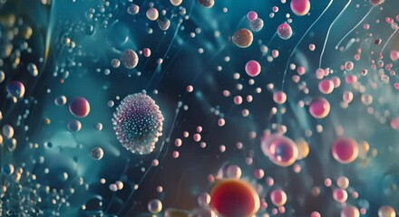 A complex ecosystem at the microscopic level, where a variety of microorganisms, possibly bacteria or microbes, are interconnected by a network