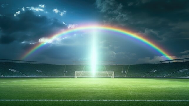 A beautiful rainbow over a soccer field. Great for sports events promotions