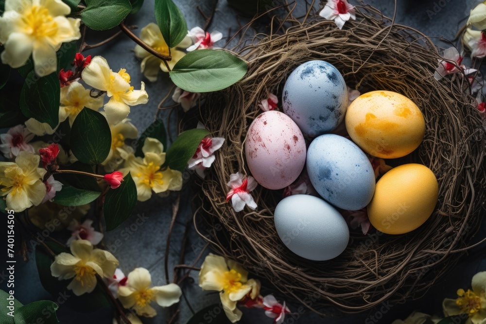 Poster a bird nest filled with eggs and flowers, perfect for springtime themes