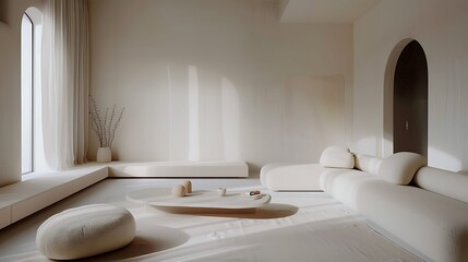 a TV lounge with a minimalist color palette of whites and neutrals, creating a serene and calming ambiance