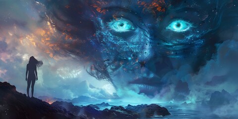 Futuristic diver faces mythical creature in elaborate underwater setting mysterious encounter. Concept Underwater Photography, Futuristic Themes, Mythical Creatures, Mysterious Encounters