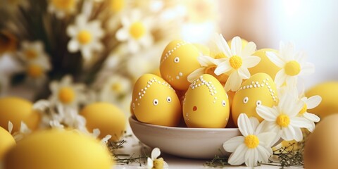A bowl filled with yellow and white decorated Easter eggs. Perfect for Easter holiday designs
