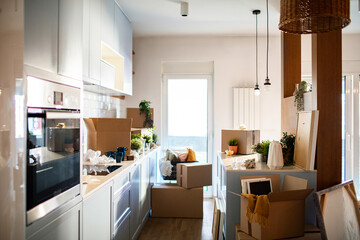 Interior of a modern home kitchen with moving boxes