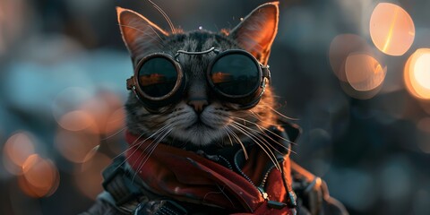 A feline donning protective gear for battle and adventure. Concept Feline Warrior, Adventure Gear, Battle Cat, Warrior Costume, Feline Armor - obrazy, fototapety, plakaty
