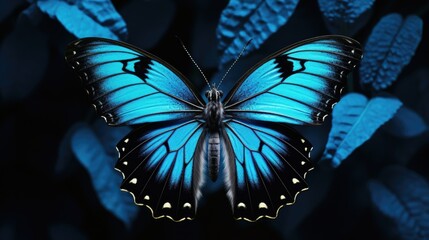 A beautiful blue butterfly perched on top of blue leaves. Ideal for nature and wildlife themed designs