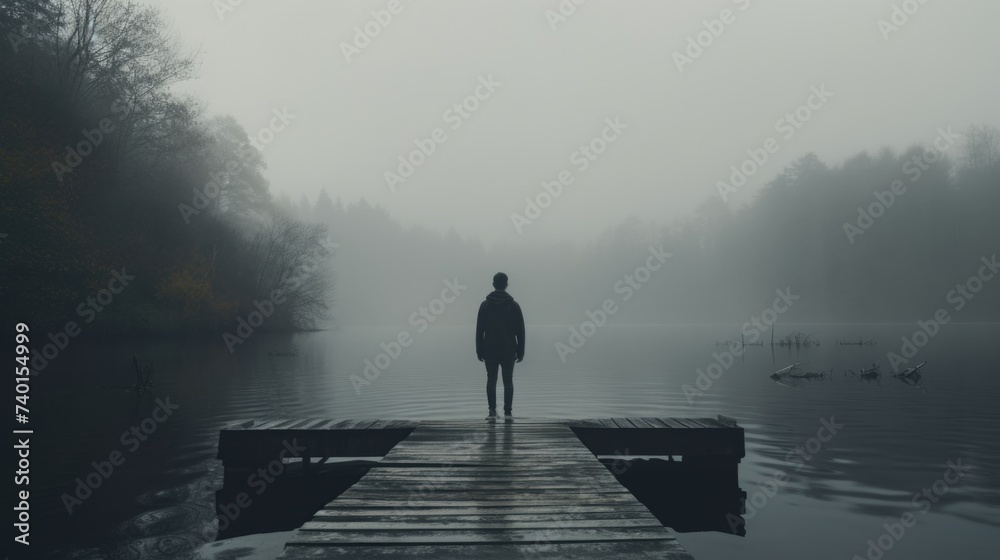 Poster a person standing on a dock in the middle of a lake. ideal for travel or relaxation concepts