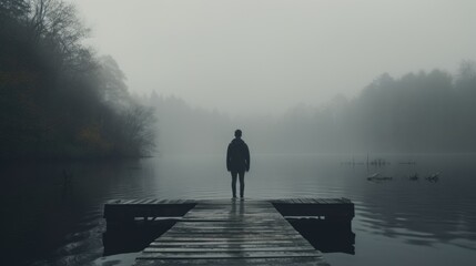 A person standing on a dock in the middle of a lake. Ideal for travel or relaxation concepts