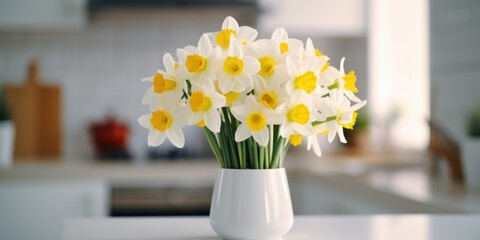 A white vase filled with yellow and white flowers. Ideal for home decor or floral arrangements