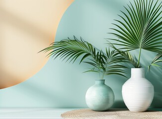 Obraz premium A stylish arrangement of modern ceramic vases in varying sizes, each holding a tropical plant, set against a soft pastel green background.