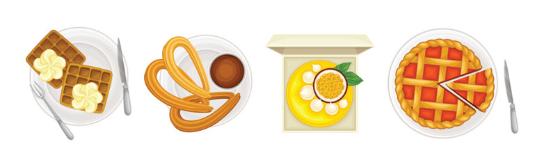 Sugary Dessert and Sweet Baked Pastry Above View Vector Set