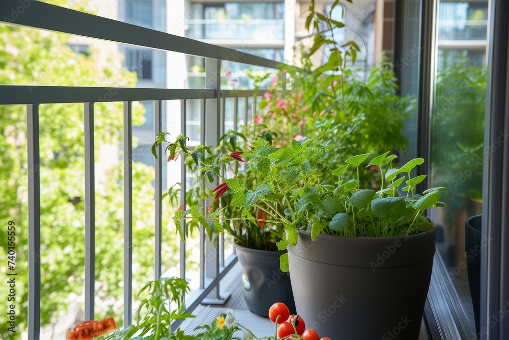 Poster balcony brimming with a colorful array of potted plants and flourishing vegetables, creating a mini 