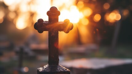 a cross is shown in the sunlight with a blurry background - obrazy, fototapety, plakaty