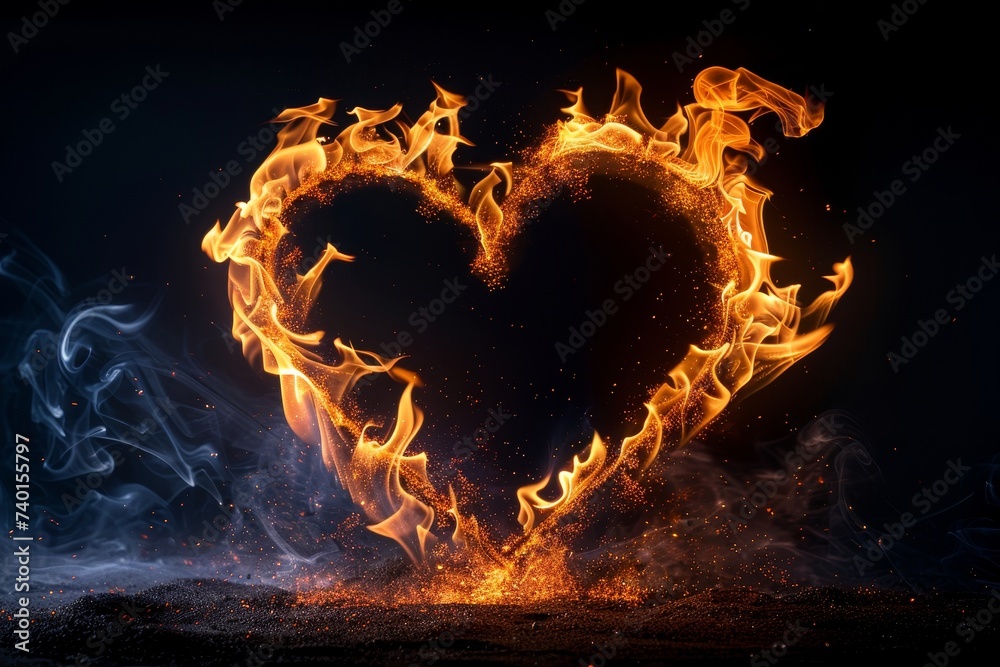Aufkleber heart symbol made out of intense, blazing fire against a stark black background. the vibrant flames 