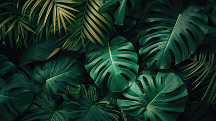 Tropical leaves background, green nature concept, top view .