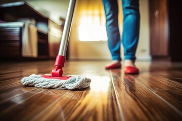 A woman cleaning the floor with a mop. Suitable for household cleaning concepts