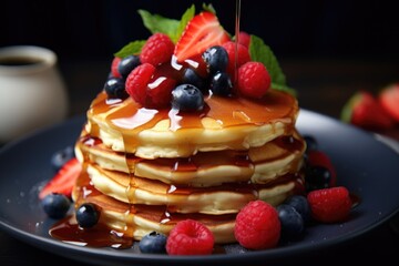 Delicious stack of pancakes topped with fresh berries and sweet syrup. Perfect for breakfast or brunch