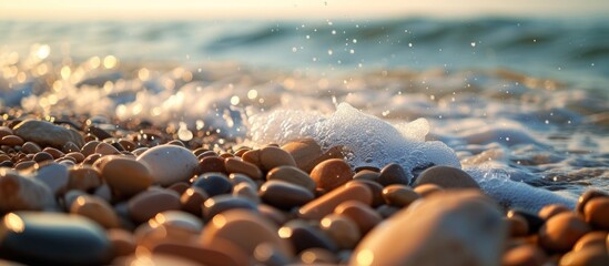 This close-up photo captures the mesmerizing pebbles along the shoreline of a beach, as the water gently interacts with the rocks.