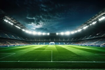 A soccer stadium with a green field and bright lights. Perfect for sports events advertising