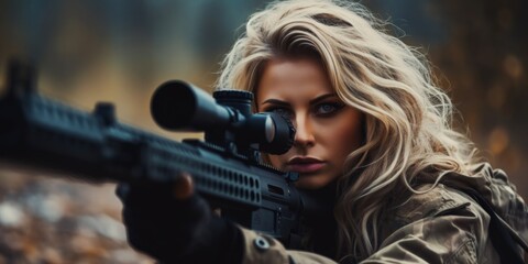 A woman holding a rifle in a forest. Suitable for hunting or outdoor activities - obrazy, fototapety, plakaty