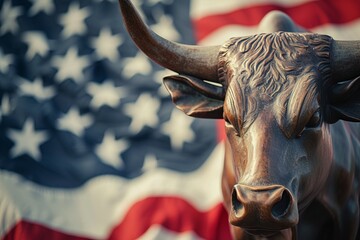A large bull against the background of the American flag as a symbol of the state of Texas. Revolution or bullfight concept