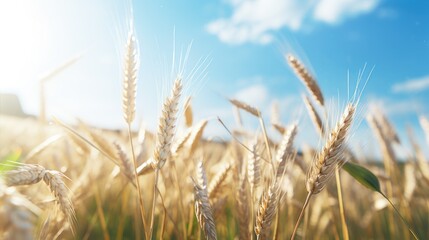 Fototapeta premium A beautiful field of wheat with a clear blue sky in the background. Perfect for agricultural or nature concepts