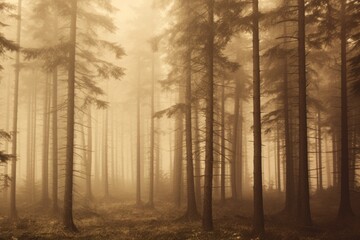 A misty forest with towering trees, ideal for nature and outdoor themes