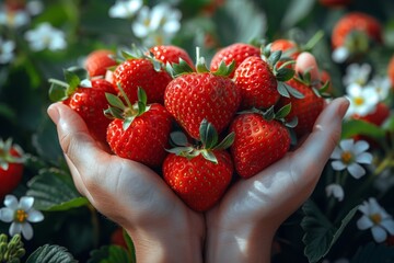 A persons hands holding a bunch of freshly picked strawberries - Powered by Adobe