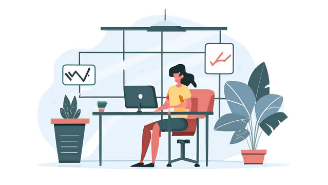 An illustration of a person sitting at a desk with a laptop in office