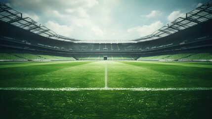 An empty soccer stadium with green grass and white lines. Suitable for sports events promotion